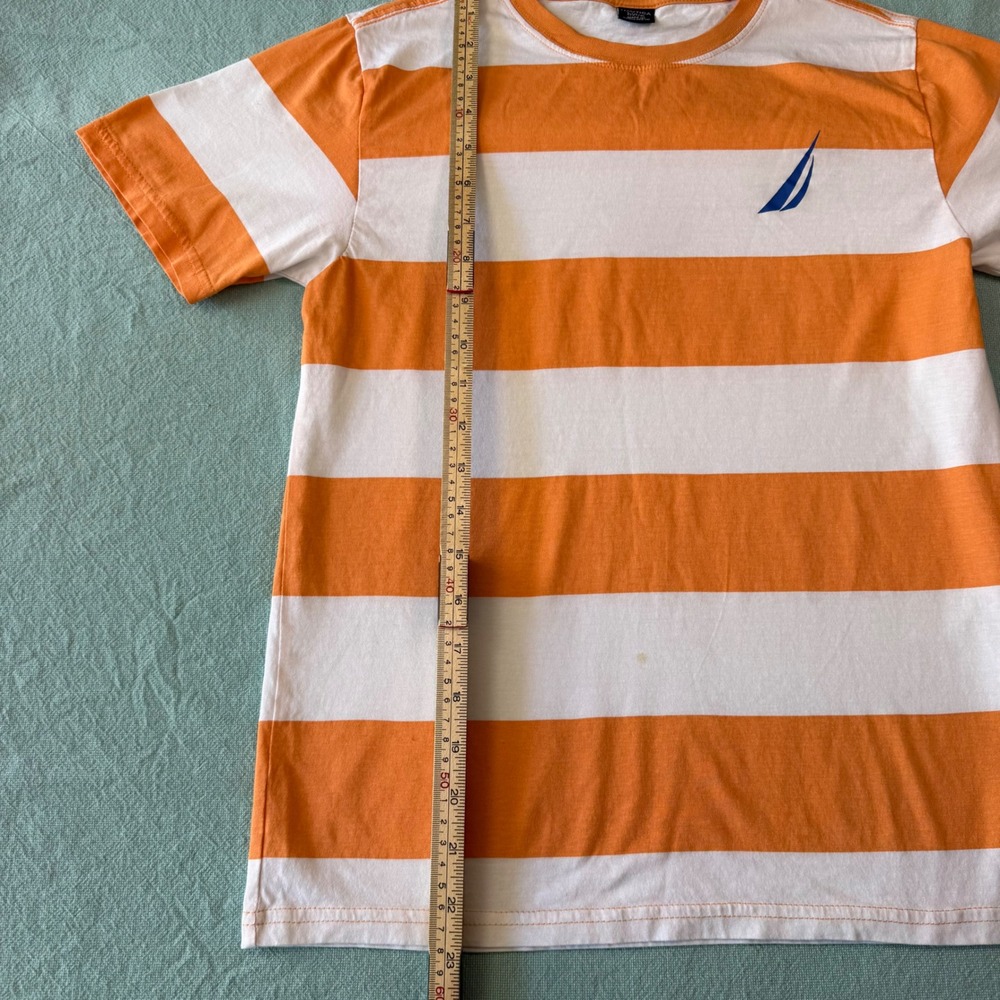 Nautica Boys Orange White Striped Short Sleeve T-Shirt Size L 14/16 Logo Tee - Picture 5 of 5
